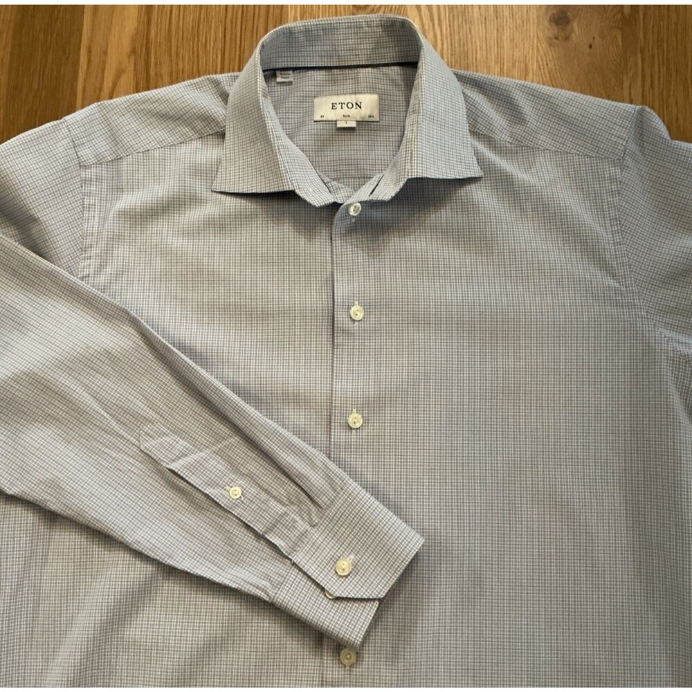 Eton Dress Shirt‎ Slim Blue Long Sleeve Button Up Micro Check Preppy Mens Large
